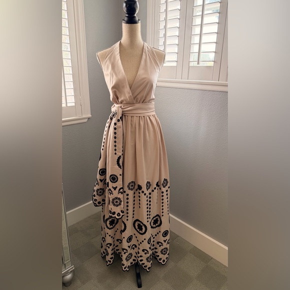 Dresses & Skirts - Elegant Beige Embroidered Wrap Long Dress